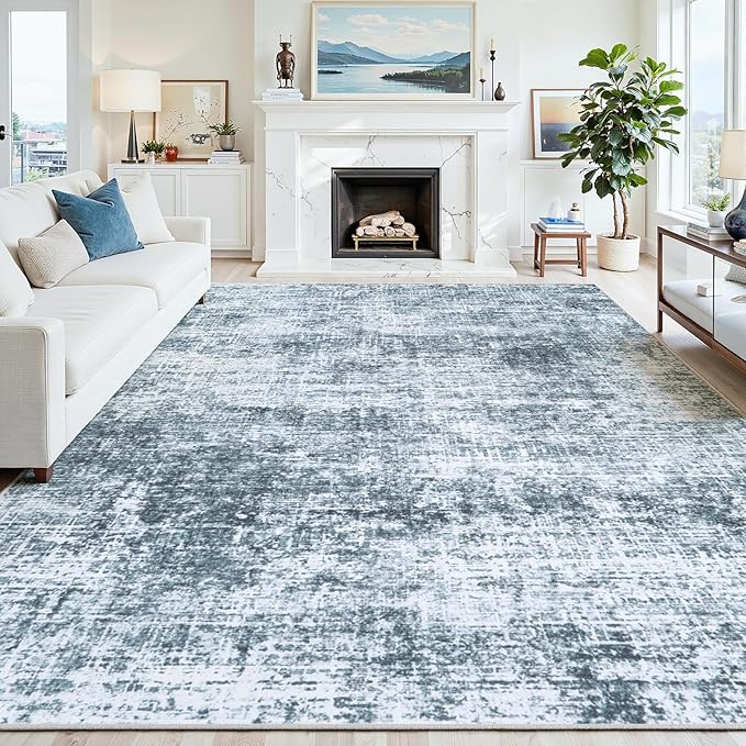 6x9 Area Rugs Washable Rug:Anti-Skid Abstract Modern Living Room Rug Soft Thin Carpets Indoor Floor Non-Shedding Carpet for Bedroom Dining Farmhouse Nursery Home Office(Light Slate Blue/White, 6x9)