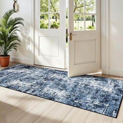 Rugflix 2x10 Runner Rug for Entryway, Kitchen Rugs Soft Non-Slip Washable Runners for Hallway, Abstract Small Carpet with Non-Slip Rubber for Bedroom, Living Room, Navy Blue/Black