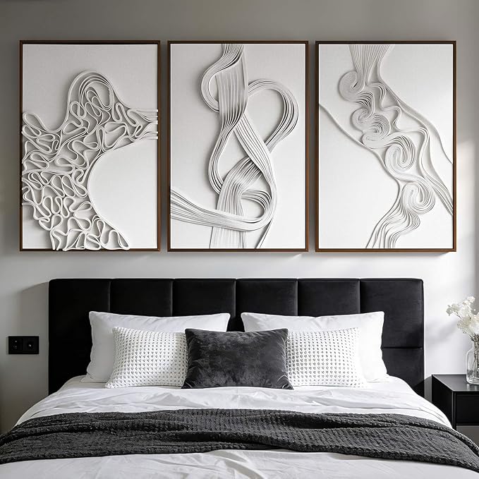Thalasse 3D Abstract Canvas Wall Art Triptych, Neutral Textured Relief Wall Decor for Living Room, Minimalist Sandstone Sculpted Art Set of 3 with Walnut Wood Frame, 24" x 36" Each Panel