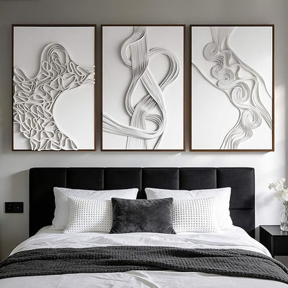 Thalasse 3D Abstract Canvas Wall Art Triptych, Neutral Textured Relief Wall Decor for Living Room, Minimalist Sandstone Sculpted Art Set of 3 with Walnut Wood Frame, 24" x 36" Each Panel