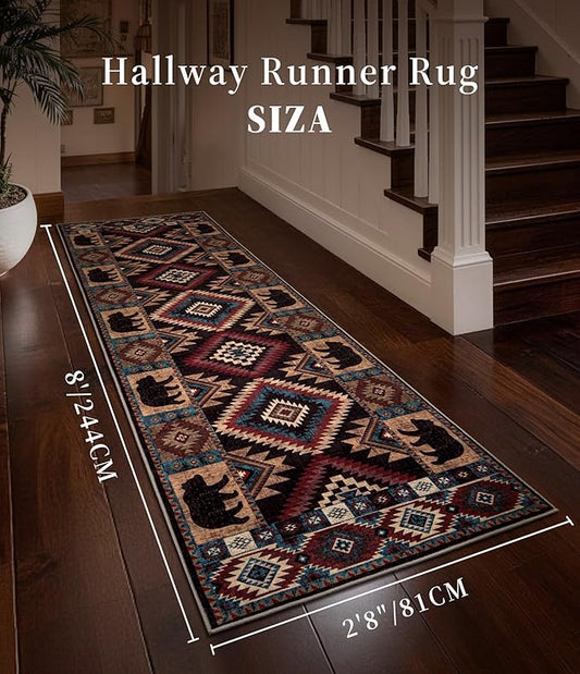 Western Runner Rug 2'8"x8' - Rustic Cabin Washable Rug, Non-Slip Low Pile Soft Carpet, Lodge Geometric Print Floor Runner Rugs for Hallway, Entryway, Bedroom, Kitchen, Laundry