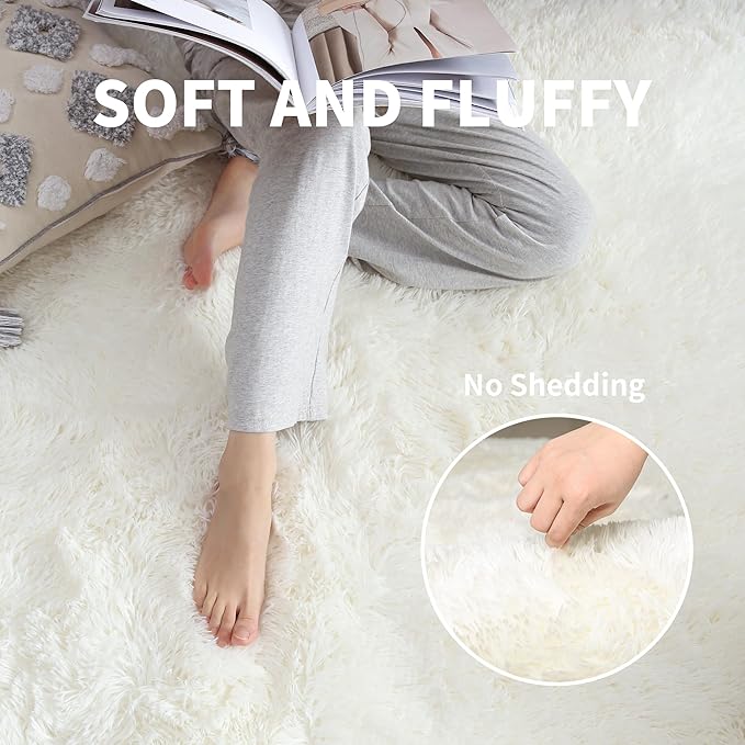 KICHOWUA Thick Area Rug 5x7 Cream White Fluffy Shag for Girl Bedroom,Ultra Soft Plush Fuzzy Washable Thickened Non-Slip Floor Carpet,Modern Furry Shaggy Rug for Living Room Nursery Kids Boy Dorm,Ivory