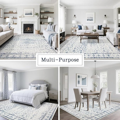 Srugn Washable Rugs 8x10 Area Rugs for Living Room,Rugs for Bedroom,Large Carpets,Ultra Soft Faux Wool Retro Dining Room Rug,Non Slip&Non-Shedding Low Pile Vintage Print Rug for Home Office-Blue