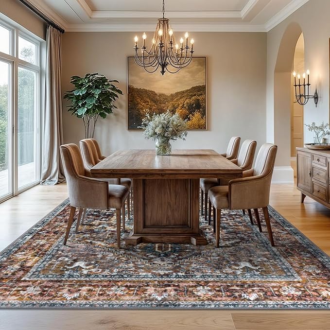 KOZYFLY Boho Area Rug 8x10 Ft Thin Rugs for Living Room Washable Bedroom Rug Non Slip Rugs Printed Faux Wool Vintage Bedroom Rug Floor Carpet for Dining Room Living Room, Brick Red/Orange/Green