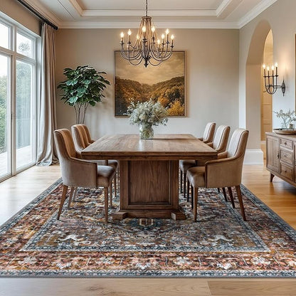 KOZYFLY Boho Area Rug 8x10 Ft Thin Rugs for Living Room Washable Bedroom Rug Non Slip Rugs Printed Faux Wool Vintage Bedroom Rug Floor Carpet for Dining Room Living Room, Brick Red/Orange/Green