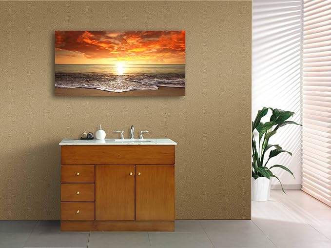 Baisuart-S0162 Canvas Prints Wall Art Sunset Ocean Beach Pictures Photo Paintings for Living Room Bedroom Home Decorations Modern Stretched and Framed Seascape Waves Landscape Giclee Artwork