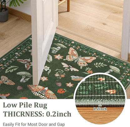 Mushroom Whimsical Cottage Core Small Rug 2x3 Washable Door Mat Indoor Rugs for Entryway Non-Slip Soft Insect Bug Butterfly Funky Decor for Bedroom Kitchen Olive Green