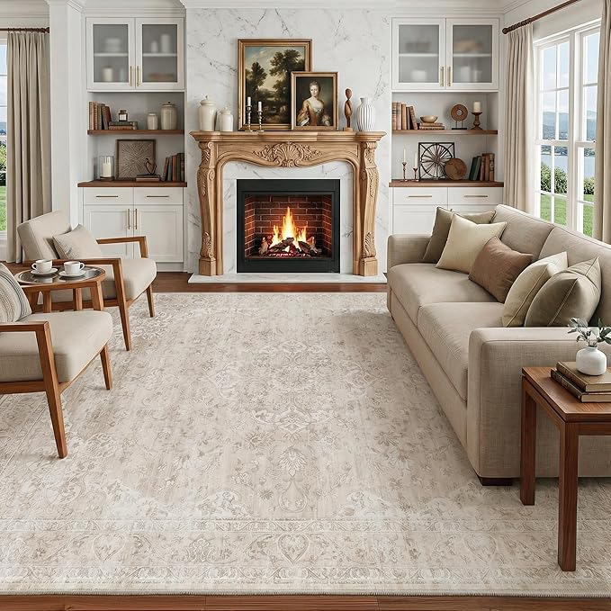 FMFUNCTEX 10x12 Washable Area Rug Neutral Beige Vintage Distressed Oriental Non Slip Low Pile Rug for Living Room Bedroom Cream Traditional Soft Thin Retro Indoor Carpet for Dining Room Office Dorm