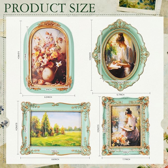 Geetery 4 Pcs Vintage Picture Frames Set, Mint Green Ornate Baroque Frames for Gallery Wall, Antique Victorian Decorative Photo Frame for Tabletop or Wall Display, Shabby Cottagecore Home Decor