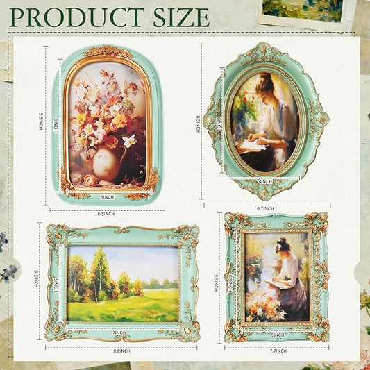 Geetery 4 Pcs Vintage Picture Frames Set, Mint Green Ornate Baroque Frames for Gallery Wall, Antique Victorian Decorative Photo Frame for Tabletop or Wall Display, Shabby Cottagecore Home Decor