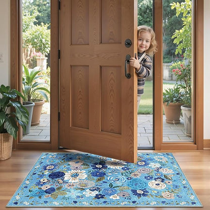 2x5 Entryway Runner Rugs, Non Slip Washable Rugs with Rubber Backing Soft Floral Carpet Runner for Kitchen, Laundry, Bedroom, Bathroom, Blue Garden