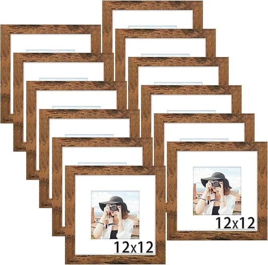 Picrit 12x12 Picture Frame Set of 12, Display 8x8 with Mat or 12 x 12 without Mat, Photo Frames for Wall Mounting Display, Brown