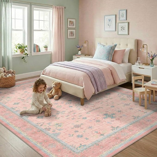 Washable Pink and Blue 6x9 Oushak Rugs for Bedroom Girls, Living Room Kids Playroom Nursery Room, Modern Floral Distressed Design, Soft Faux Wool Low Pile Non Slip Stain Resistance Carpet
