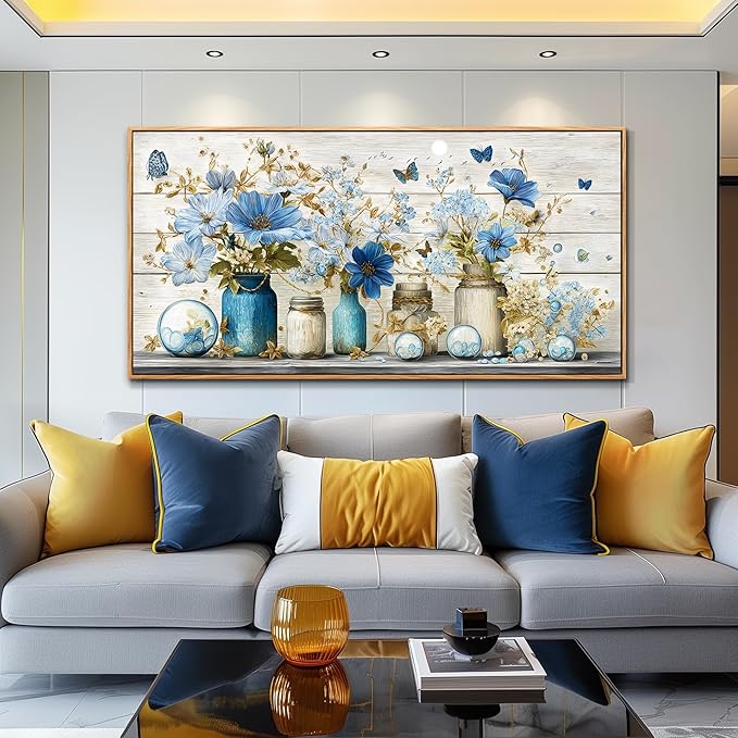 Wapluam Large Framed Wall Art,Retro Rustic Pictures Wall Decor,Floral Wall Art Bedroom,Blue Flowers Painting Prints,Farmhouse Canvas Artwork for Living Room Bathroom Kitchen Hallway Home Office 30x60