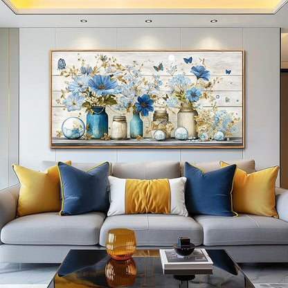 Wapluam Large Framed Wall Art,Retro Rustic Pictures Wall Decor,Floral Wall Art Bedroom,Blue Flowers Painting Prints,Farmhouse Canvas Artwork for Living Room Bathroom Kitchen Hallway Home Office 30x60