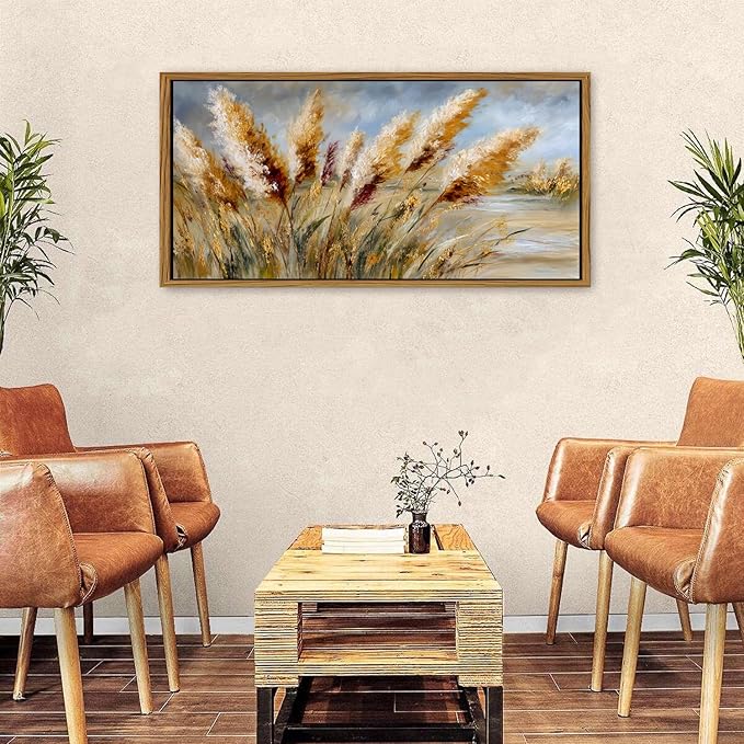 Countryside Golden Wheat Field Framed Canvas Wall Art Vintage Nature Landscape Pictures Wall Decor for Bedroom Kitchen Farmhouse Crops Landscape Painting Prints Boho Artwork Home Decorations 24x48