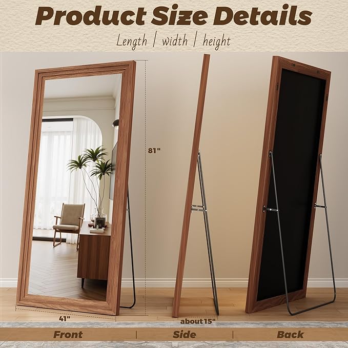 Antok Full Length Mirror with Solid Wood Frame, 81"×41" Wall Mounted Oversized Floor Mirror with Stand, Leaning Standing Hanging for Bedroom Living Room Entryway, Brown, Rect Style