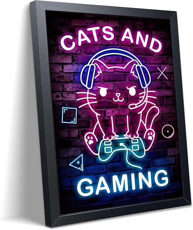 Funny Cat Gaming Wall Art, Neon Gamer Canvas Print Framed, Cute Cartoon Cat with Headset Video Game Poster, Boys Teen Kids Bedroom Gaming Room Wall Decor 8x10 Inch
