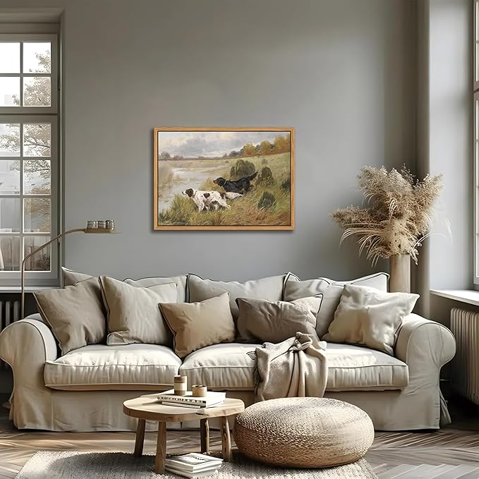 Floating Framed Vintage Hunting Dog Wall Art, Classic Countryside Landscape Canvas Print, English Setter and Gordon Setter Painting, Rustic Farmhouse Wall Decor for Living Room Study Office 12x16 inch