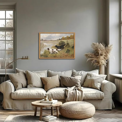 Floating Framed Vintage Hunting Dog Wall Art, Classic Countryside Landscape Canvas Print, English Setter and Gordon Setter Painting, Rustic Farmhouse Wall Decor for Living Room Study Office 12x16 inch