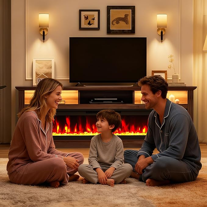 58" Fireplace TV Stand, TV Stand with 52" Fireplace, LED Light Entertainment Center with Storage Cabinets, Modern Media TV Console TV Table for Living Room, Brown