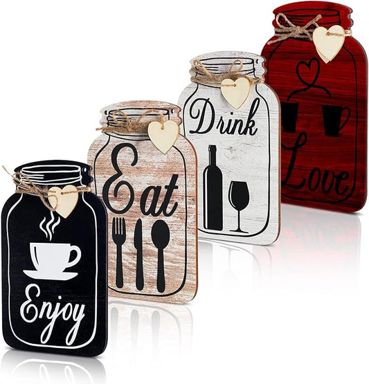 Yalikop 4 Pcs Wooden Kitchen Wall Decor Mason Jar Shaped Eat Drink Enjoy Love Hanging Sign Rustic Home Decor for Farmhouse Dining Room, 8 x 5 Inch(Retro Style,White, Brick Red, Light Brown, Black)