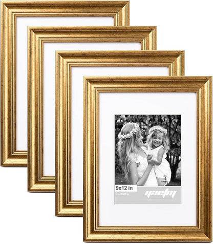 Yaetm Gold 9x12 Picture Frame Matted to 6x8 Set of 4, 1.4” Wide Molding & Rustic Gold Photo Frames 9 x 12 with Tempered Glass, Display on Tabletop & Wall Mounting, 4 Pack