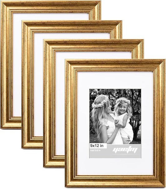 Yaetm Gold 9x12 Picture Frame Matted to 6x8 Set of 4, 1.4” Wide Molding & Rustic Gold Photo Frames 9 x 12 with Tempered Glass, Display on Tabletop & Wall Mounting, 4 Pack