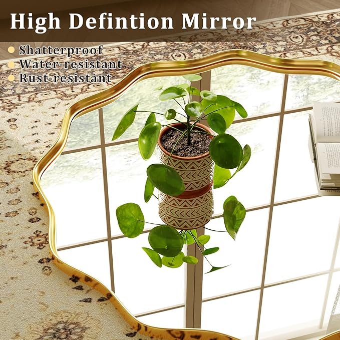 24 Inch Scalloped Round Wall Mirror, Gold Wavy Edge Frame Circle Mirror for Bathroom, Bedroom, Entryway, Living Room for Wall Decor