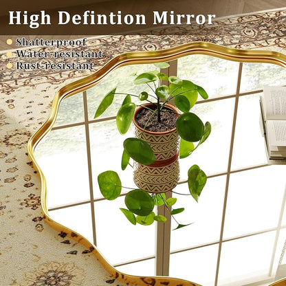 24 Inch Scalloped Round Wall Mirror, Gold Wavy Edge Frame Circle Mirror for Bathroom, Bedroom, Entryway, Living Room for Wall Decor