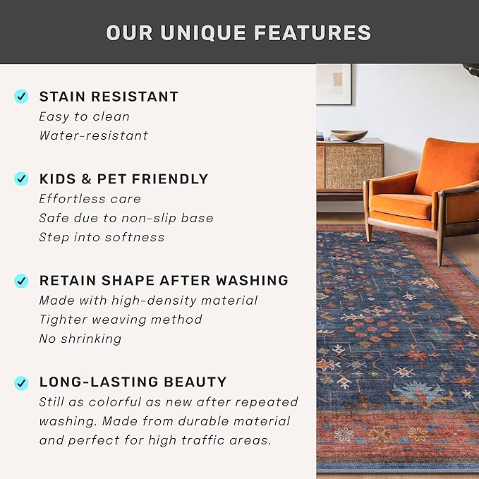 Hazo Haus Boho Washable 3x16 Extra Long Hallway Runner Rug, Navy Blue Large Kitchen Floor Rug Indoor, Non-Slip Stain & Fade Resistant, Vintage Unique Bohemian Blue Décor
