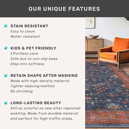 Hazo Haus Boho Washable 3x16 Extra Long Hallway Runner Rug, Navy Blue Large Kitchen Floor Rug Indoor, Non-Slip Stain & Fade Resistant, Vintage Unique Bohemian Blue Décor