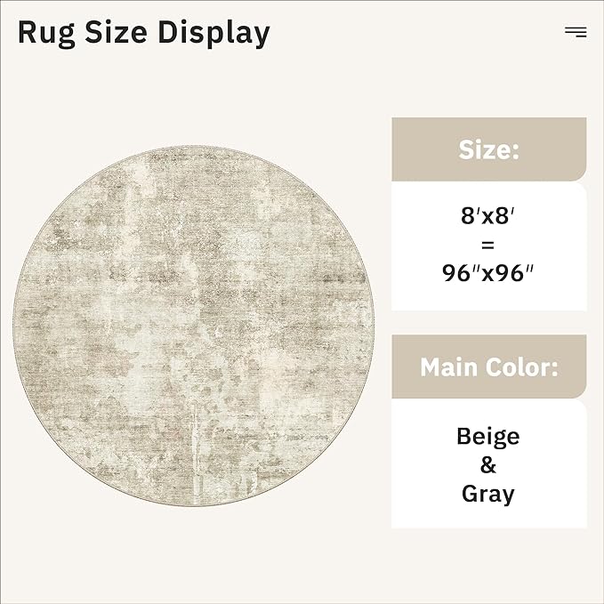 Soalmost 8x8 Beige Gray Round Rug 8ft Living Room Circle Rug Vintage Round Area Rug Non Slip Indoor Carpet for Apartment