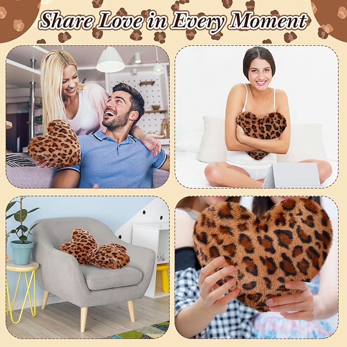 4 Pack Leopard Heart Shaped Pillow Small Cheetah Print Love Pillows 13 x 10 Inch Faux Rabbit Fur Pillows Leopard Throw Heart Pillow for Wedding, Anniversary, Vintage Room Decorative