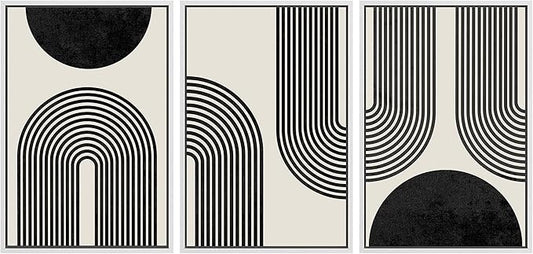 SIGNLEADER Framed Canvas Print Wall Art Spiral Parabolas & Solid Semi Circle Geometric Shapes Drawings Modern Art Contemporary Edgy Black and White for Living Room, Bedroom, Office - 24"x36"x3 WHITE
