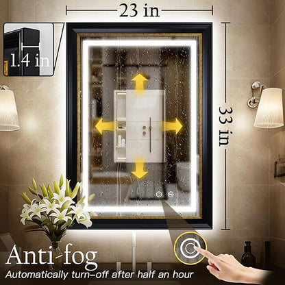 ROLOVE 23x33 Inch Antique Black and Gold Mirror for Wall, Lighted Vintage Mirrors for Bathroom with Anti-Fog, Waterproof Frame, Shatterproof Glass, Ornate Baroque Mirror for Entryway & Powder Room