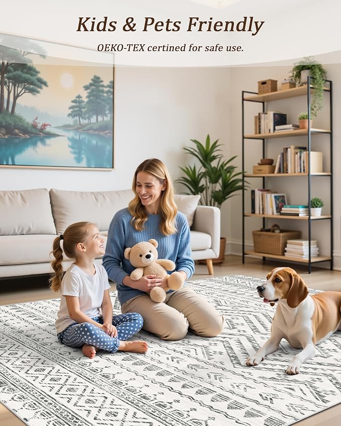 Miukiki 7x9 Area Rug for Living Room Moroccan Washable Rugs Non Slip Indoor Floor Carpet Foldable Large Soft Area Rug for Dining Room Bedroom with Low Pile(Grey,7'x9')
