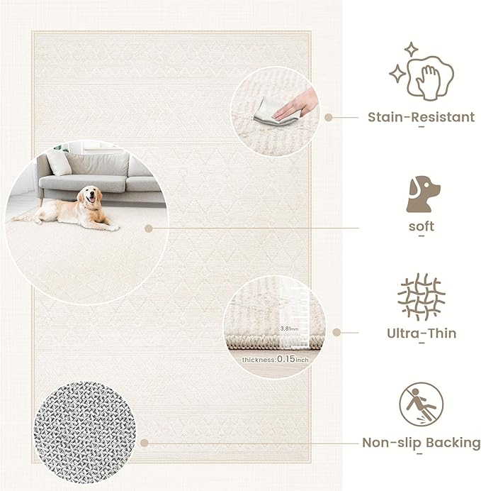 pmtsns 4x6 Geometric Rug: Washable Boho Moroccan Throw Rug Neutral Modern Farmhouse Indoor Soft Non Slip Ultra Thin Printed Pattern Rugs for Kitchen Bedroom (Beige, 4'x6')