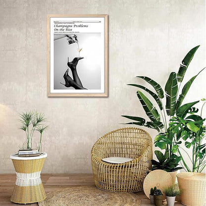 Framed Newspaper Wall Art, Champagne Problems Poster Black and White Vintage Aesthetic Canvas Print Picture, Fashion Glam High Heels Cocktail Glass Wall Decor for Bar Apartment Girls Room 12x16 inch