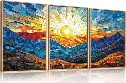 Mountains Framed Canvas Wall Art Set, Modern Abstract Art Painting, Irregular Square Ridge Wall Decor, Sunrise Art Print for Living Room, Bathroom, Bedroom, Office-16 x24 x3