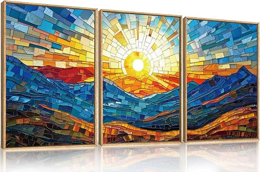 Mountains Framed Canvas Wall Art Set, Modern Abstract Art Painting, Irregular Square Ridge Wall Decor, Sunrise Art Print for Living Room, Bathroom, Bedroom, Office - 24"x36"x3