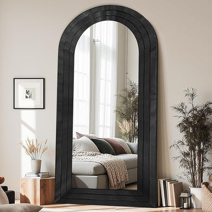 Antok Full Length Mirror with Solid Wood Frame, 76"×34" Wall Mounted Oversized Floor Mirror with Stand, Leaning Standing Hanging for Bedroom Living Room Entryway, Black, Arched Syle