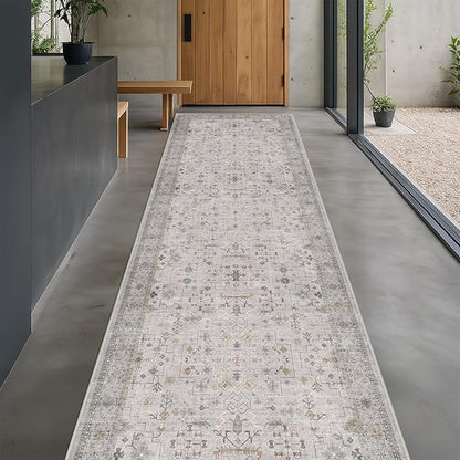 Hazo Haus Geometric 3x20 Wide Hallway Runner - Light Gray with Taupe Accent, Boho Floral Pastel Decor, Washable Low Pile Non Slip Stain Resistant Rug for Long Kitchen, Hall Way
