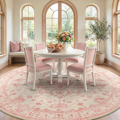 RELEANY Area Rugs Round 8ft Washable Non-Slip, Floral Vintage Distress Print Pattern Medallion Carpet for Living Room Bedroom Dining Room, Pink Light Vintage Pink