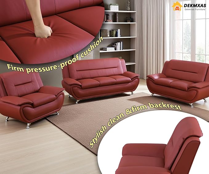 Red Faux Leather Couches for Living Room, Living Room Couch Set, Sofa for Bedroom, Apartment, Living Room Furniture Sets (Red, Sofa+Loveseat+Chair)