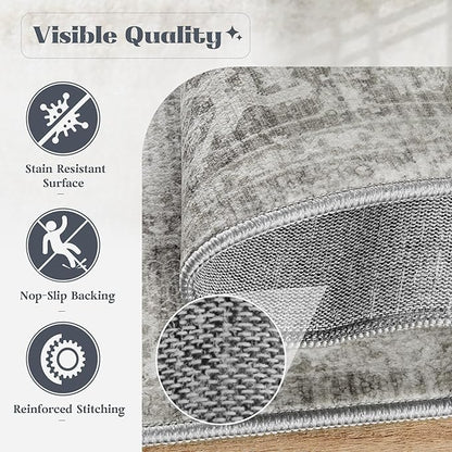 Round Rugs 6ft Washable Rug, Vintage Boho Medallion Rugs Non-Slip Soft Low Pile Circle Distressed Rug Indoor Retro Carpet for Living Room Bedroom Dining Room Home Office (Grey, 6' Round)