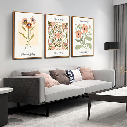 3 PCS Boho Floral Canvas Wall Art, Framed Rustic Botanical Canvas Paintings Prints ArtWork for Living Room, Vintage Flower Pictures for Farmhouse Dining Room Hallway Bedroom Wall Decor 24"x36"