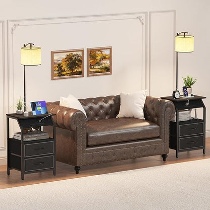 End Table with Floor Lamp, Nightstand with Charging Station, Floor Lamp Table with 3-Color Temperature Bulb, Bedside Table Night Stand with 2 Drawers for Bedroom, Living Room, Black