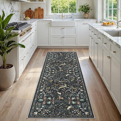 Runner Rug Washable Runners Kitchen Rugs Non Slip Neutral Floral Carpet Low Pile for Indoor Hallways Entryway Living Room Bedroom Laundry Soft Mat 2'6''x8' Black