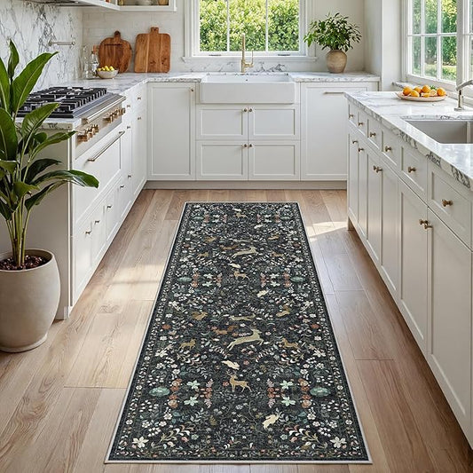 Runner Rug Washable Runners Kitchen Rugs Non Slip Neutral Floral Carpet Low Pile for Indoor Hallways Entryway Living Room Bedroom Laundry Soft Mat 2'6''x8' Black